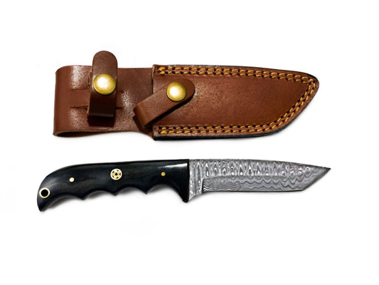 TD-010 brown leather knife sheath with brass rivets; Damascus blade peeks out on Tampa Home & Garden Store