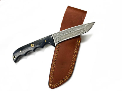 TD-010 knife by Titan International K with Damascus blade, black handle, brass rivets, brown sheath on Tampa Home & Garden Store