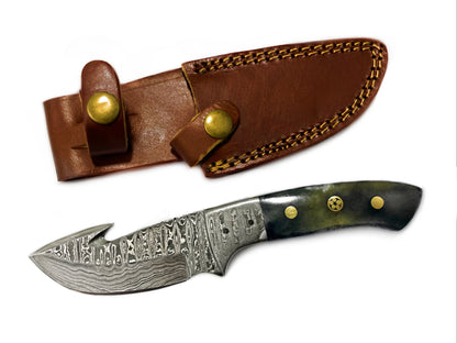 Damascus gut hook knife TD-221 with green handle and Damascus blade in leather sheath on Tampa Home & Garden Store