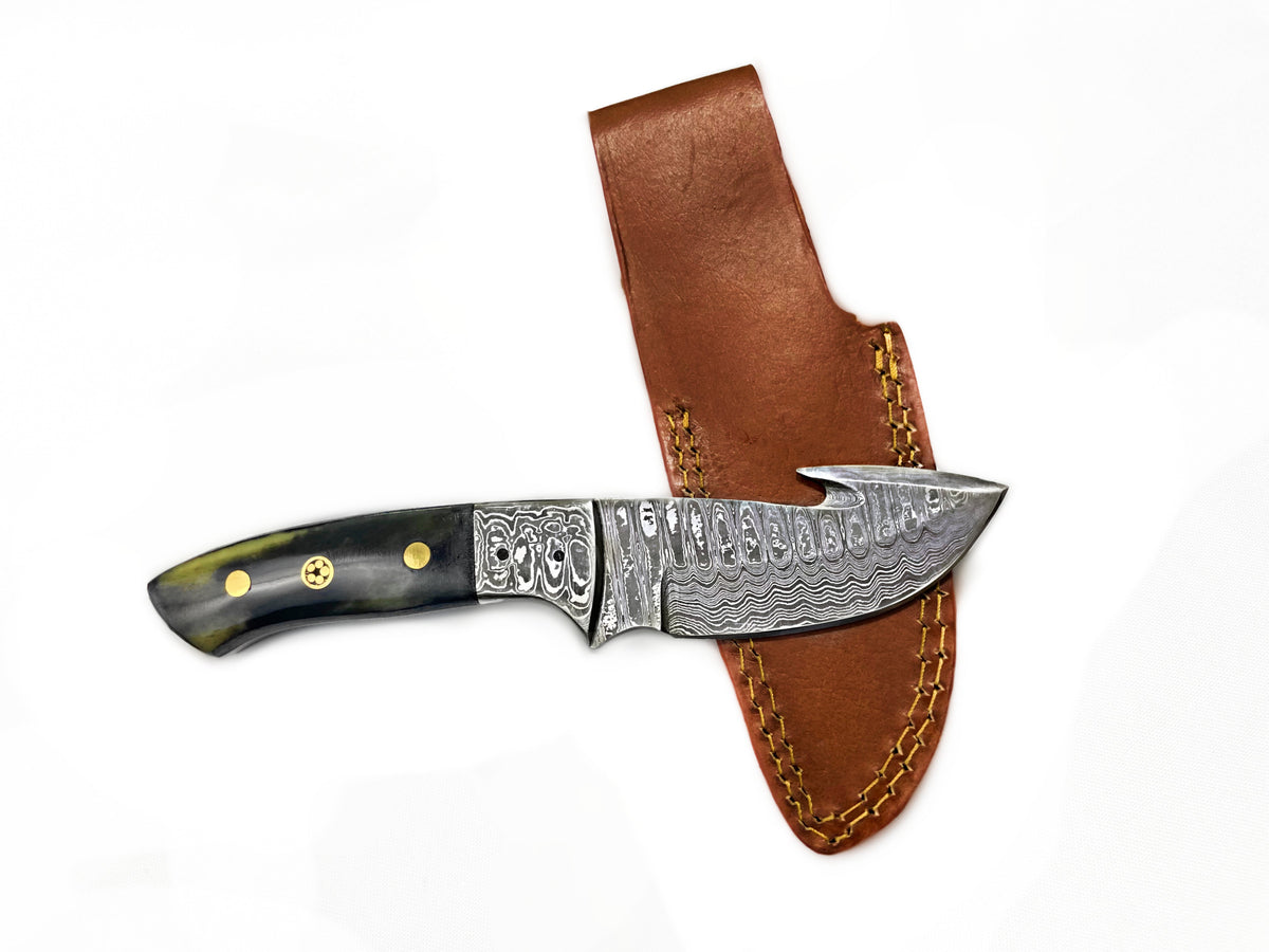 Damascus skinning gut-hook knife TD-221 Titan Intl K with black handle and sheath on Tampa Home & Garden Store