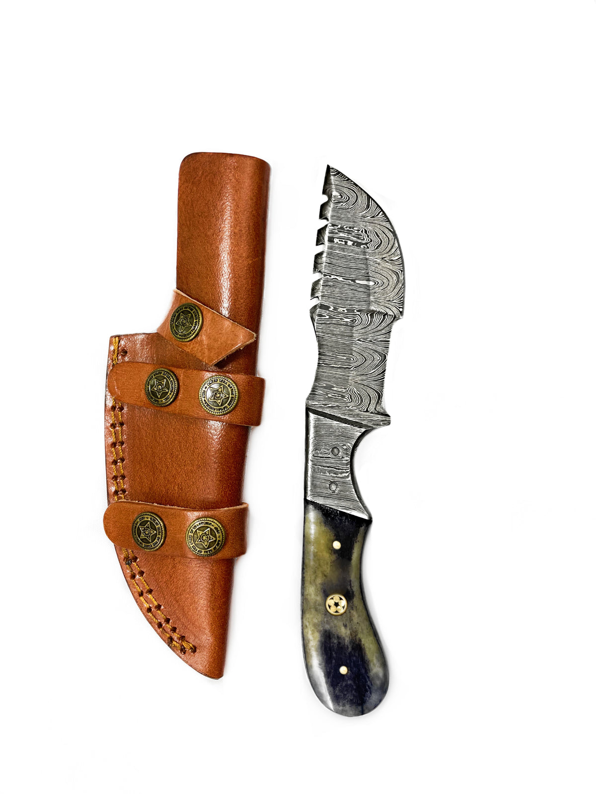 8'' Compact Tracker knife by Titan Intl K with Damascus blade and brown leather sheath on Tampa Home & Garden Store