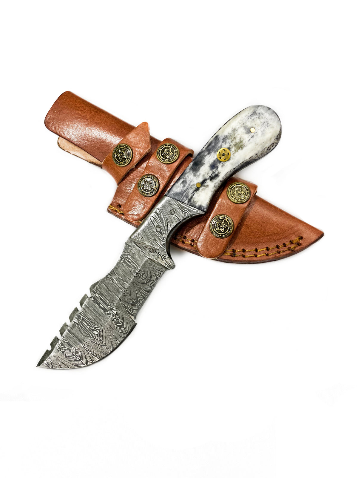 8'' TD-085 Tracker camping knife by Titan International K; damascus blade, brown leather sheath on Tampa Home & Garden Store