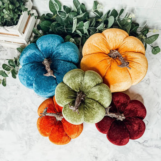 Gia Roma velvet pumpkins set of 5 in turquoise blue, green, burgundy, and orange (2) on Tampa Home & Garden Store
