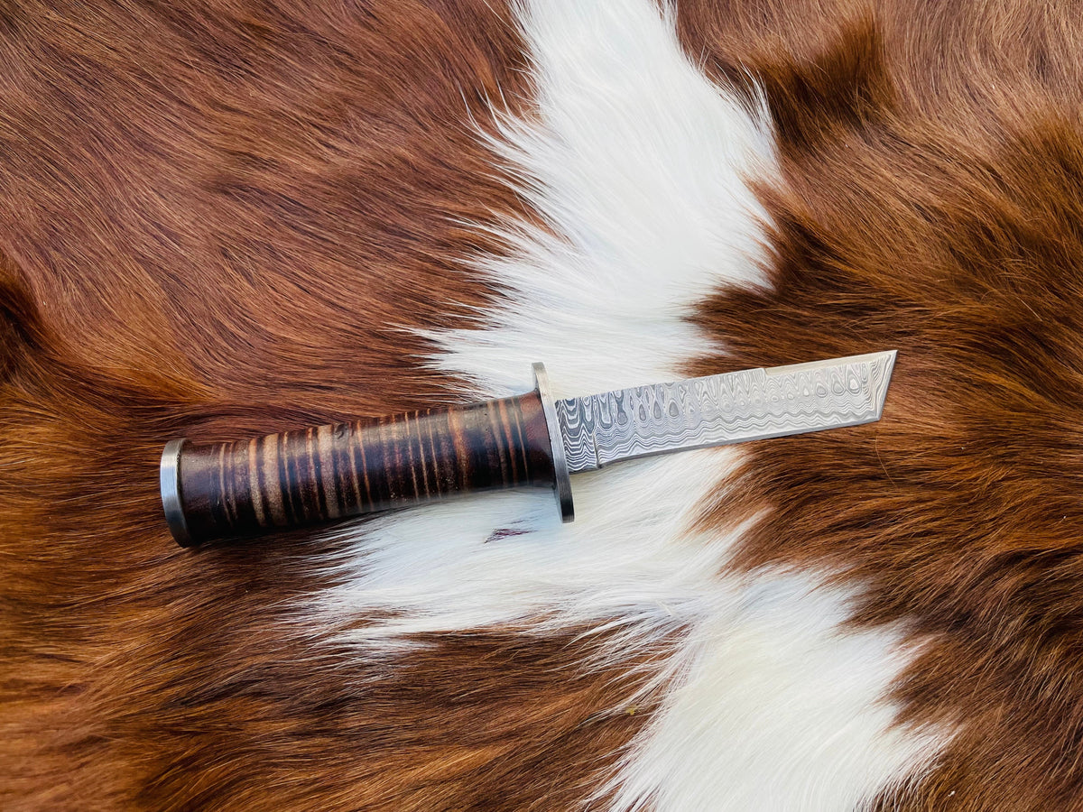 Tanto knife with high carbon Damascus blade and stacked leather handle Titan International K on Tampa Home & Garden Store