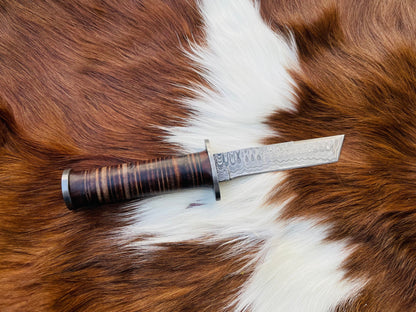 Tanto knife with high carbon Damascus blade and stacked leather handle Titan International K on Tampa Home & Garden Store