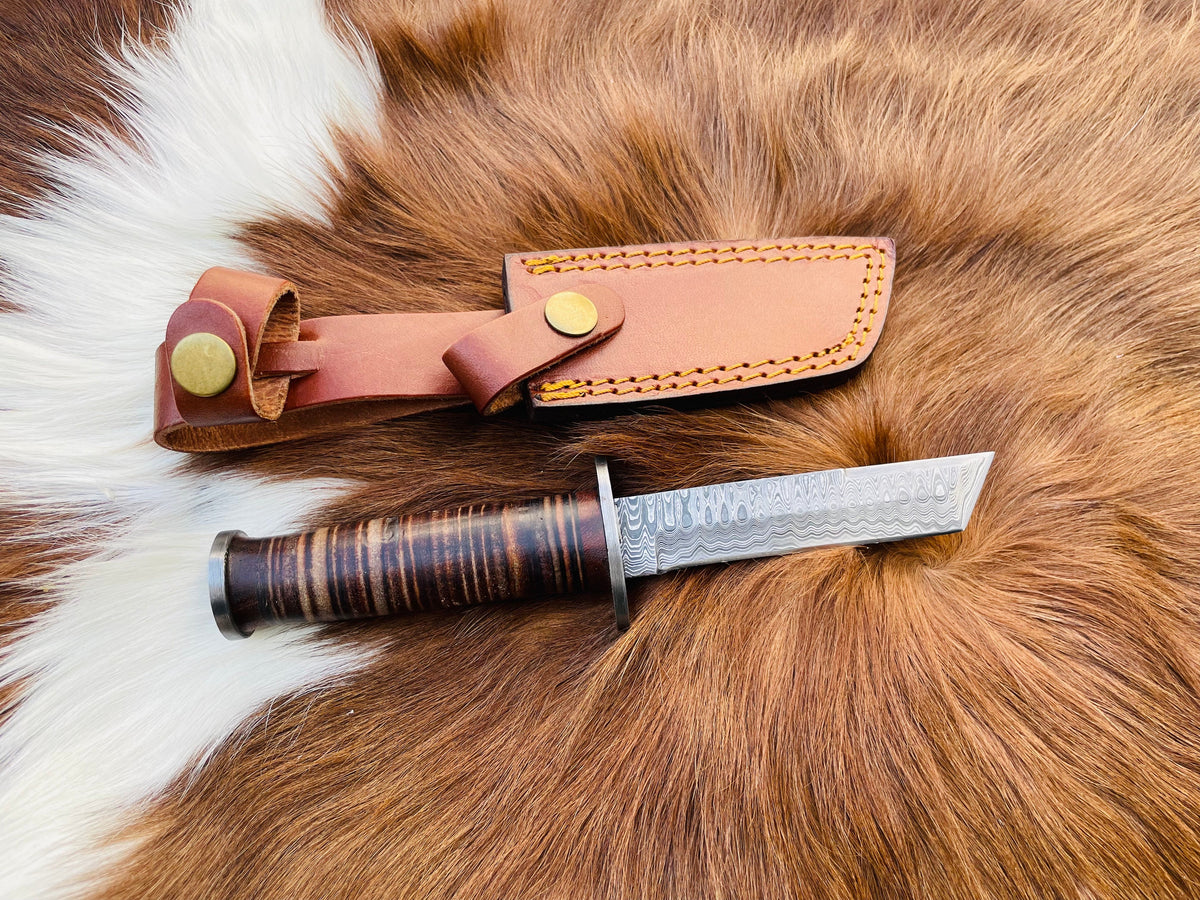 Military Style Tanto knife by Titan International K with Damascus blade and stacked leather on Tampa Home & Garden Store