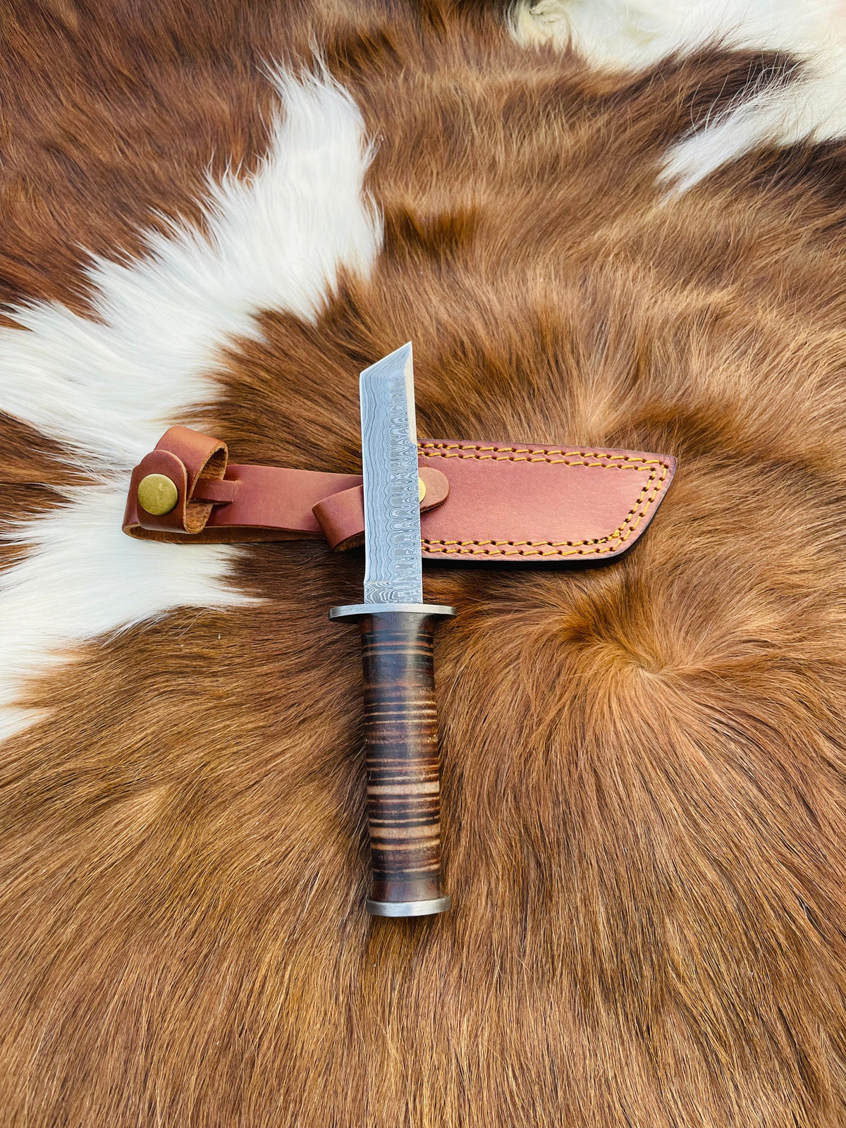 Military Style Tanto knife TD-235 with Damascus blade and leather handle, leather sheath on fur on Tampa Home & Garden Store