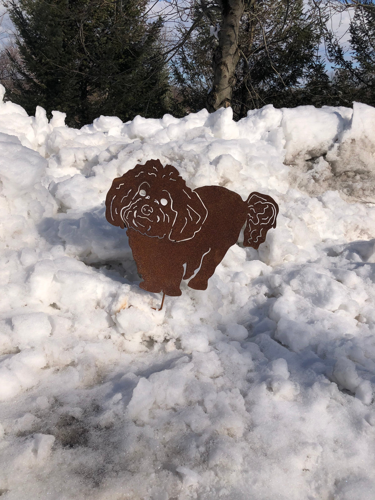 Bichon Frise garden stake with two rusty metal dog silhouettes on Tampa Home & Garden Store