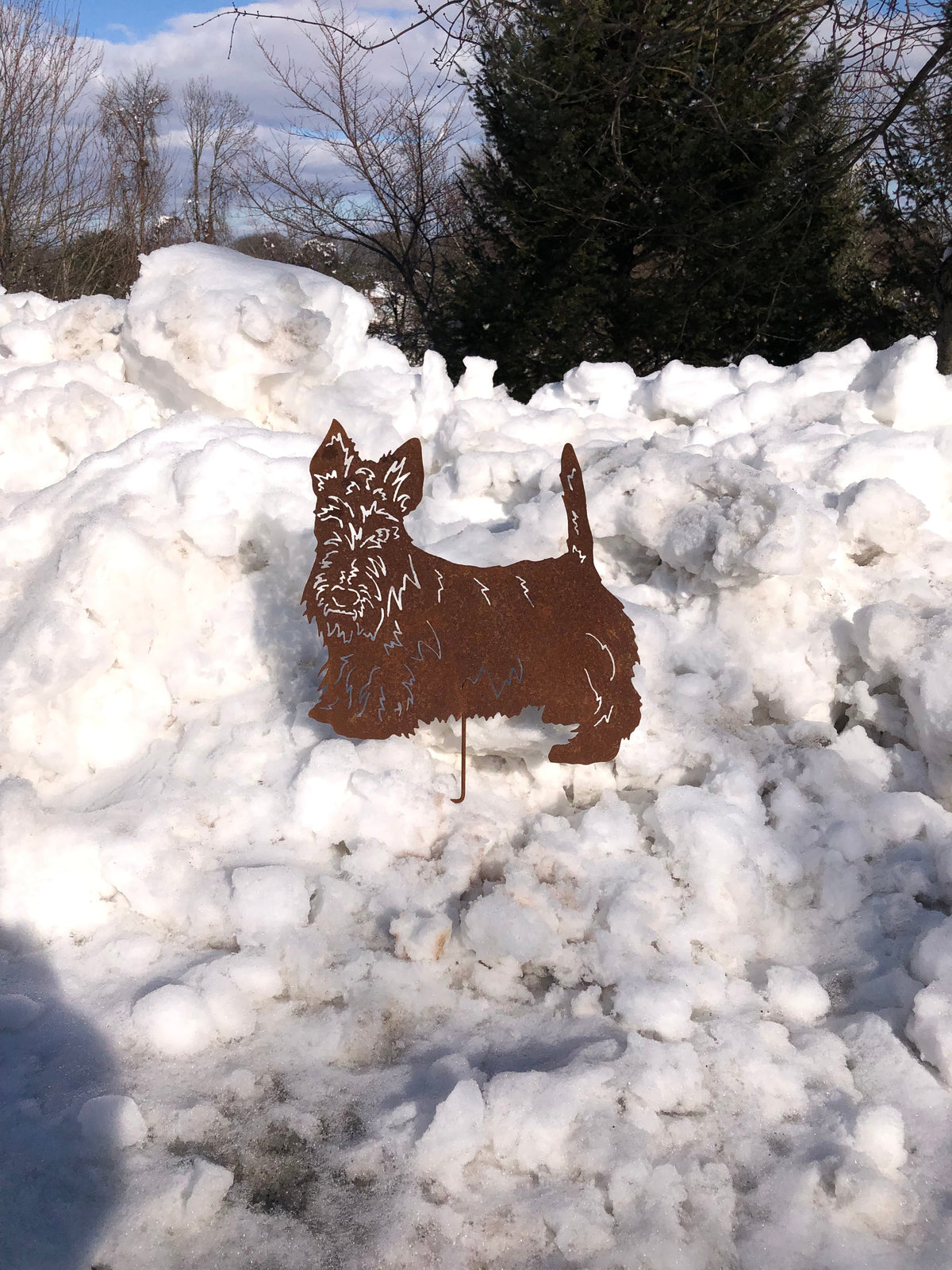 Scottish Terrier garden stake silhouette in rust-colored metal by Rustica Ornamentals on Tampa Home & Garden Store