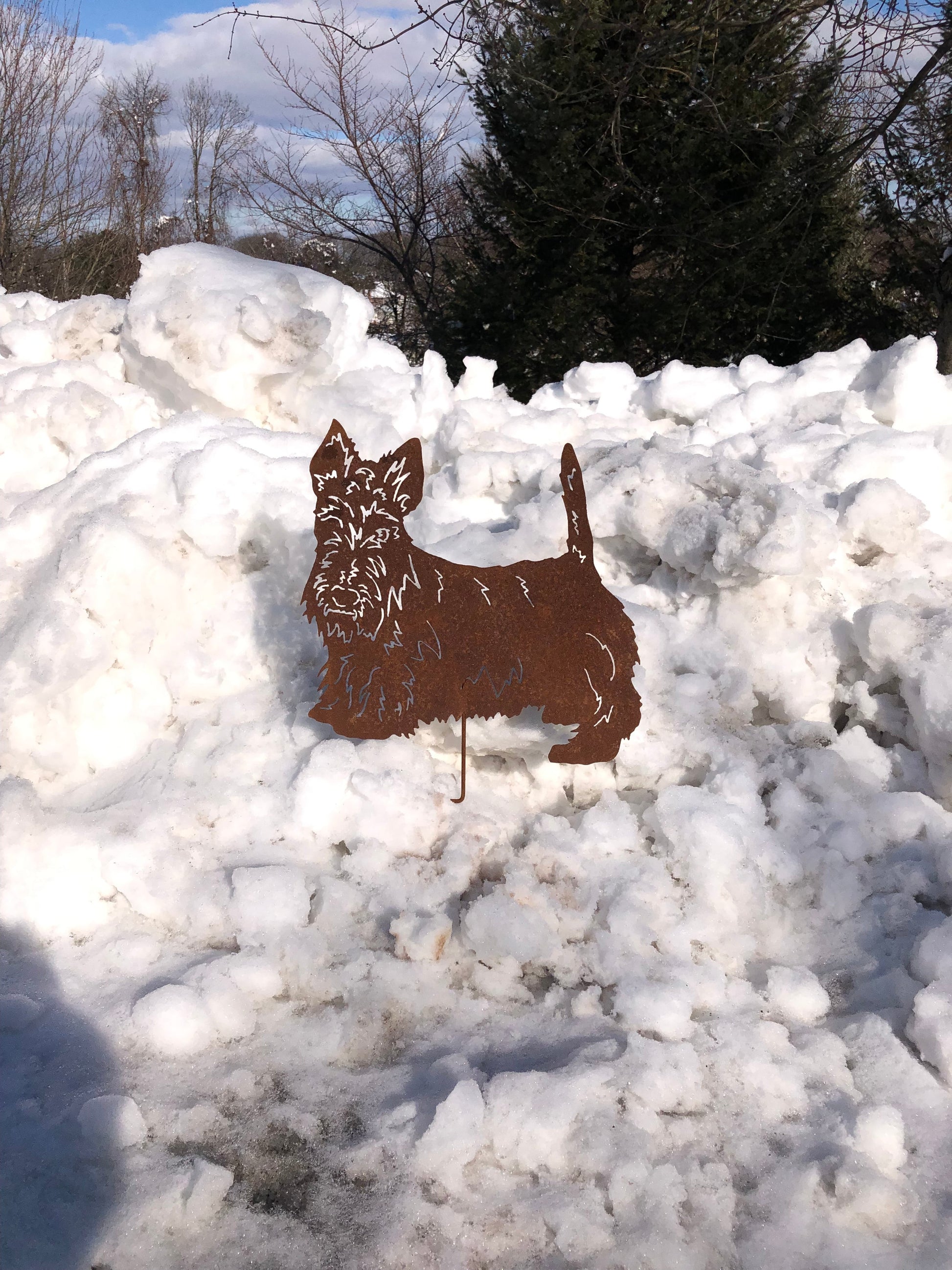 Scottish Terrier garden stake silhouette in rust-colored metal by Rustica Ornamentals on Tampa Home & Garden Store