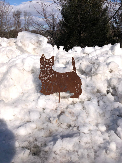 Scottish Terrier garden stake silhouette in rust-colored metal by Rustica Ornamentals on Tampa Home & Garden Store