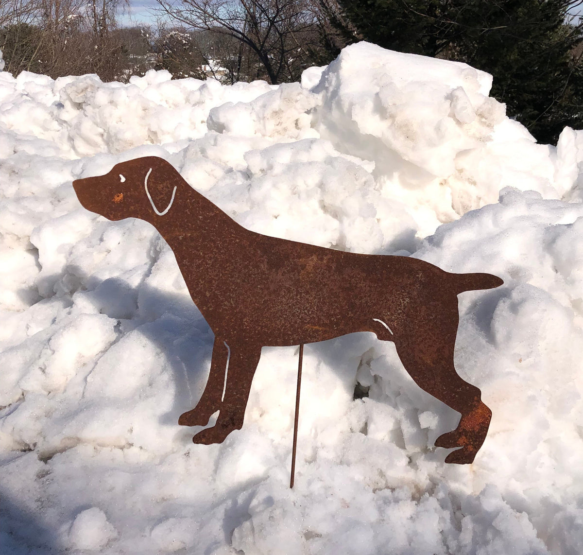 German Shorthaired Pointer garden stake silhouette in rust metal, Style 1 lawn ornament on Tampa Home & Garden Store