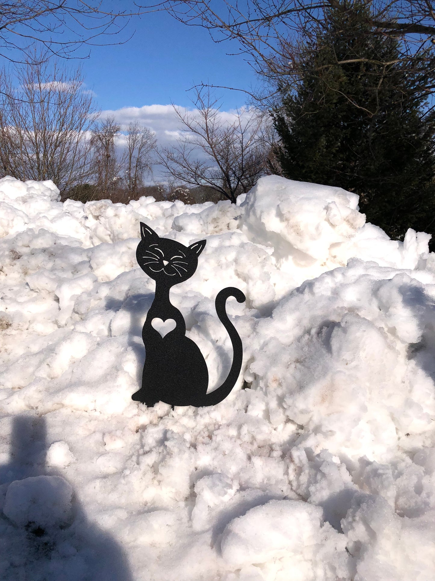 Cat garden art metal silhouette in black with heart cutout, Rustica Ornamentals outdoor yard statue on Tampa Home & Garden Store