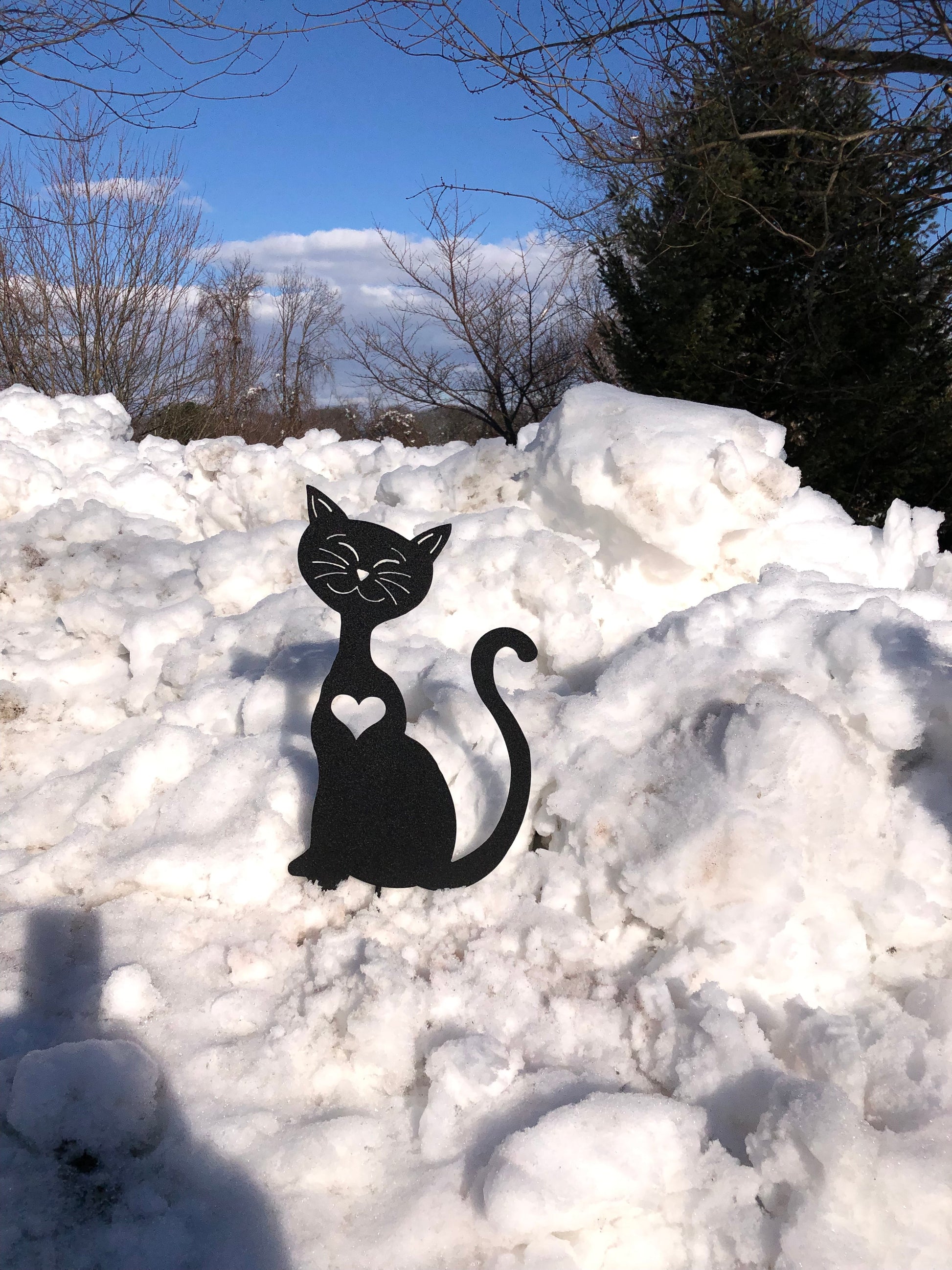 Cat garden art metal silhouette in black with heart cutout, Rustica Ornamentals outdoor yard statue on Tampa Home & Garden Store