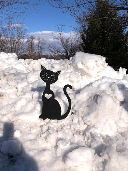 Cat garden art metal silhouette in black with heart cutout, Rustica Ornamentals outdoor yard statue on Tampa Home & Garden Store