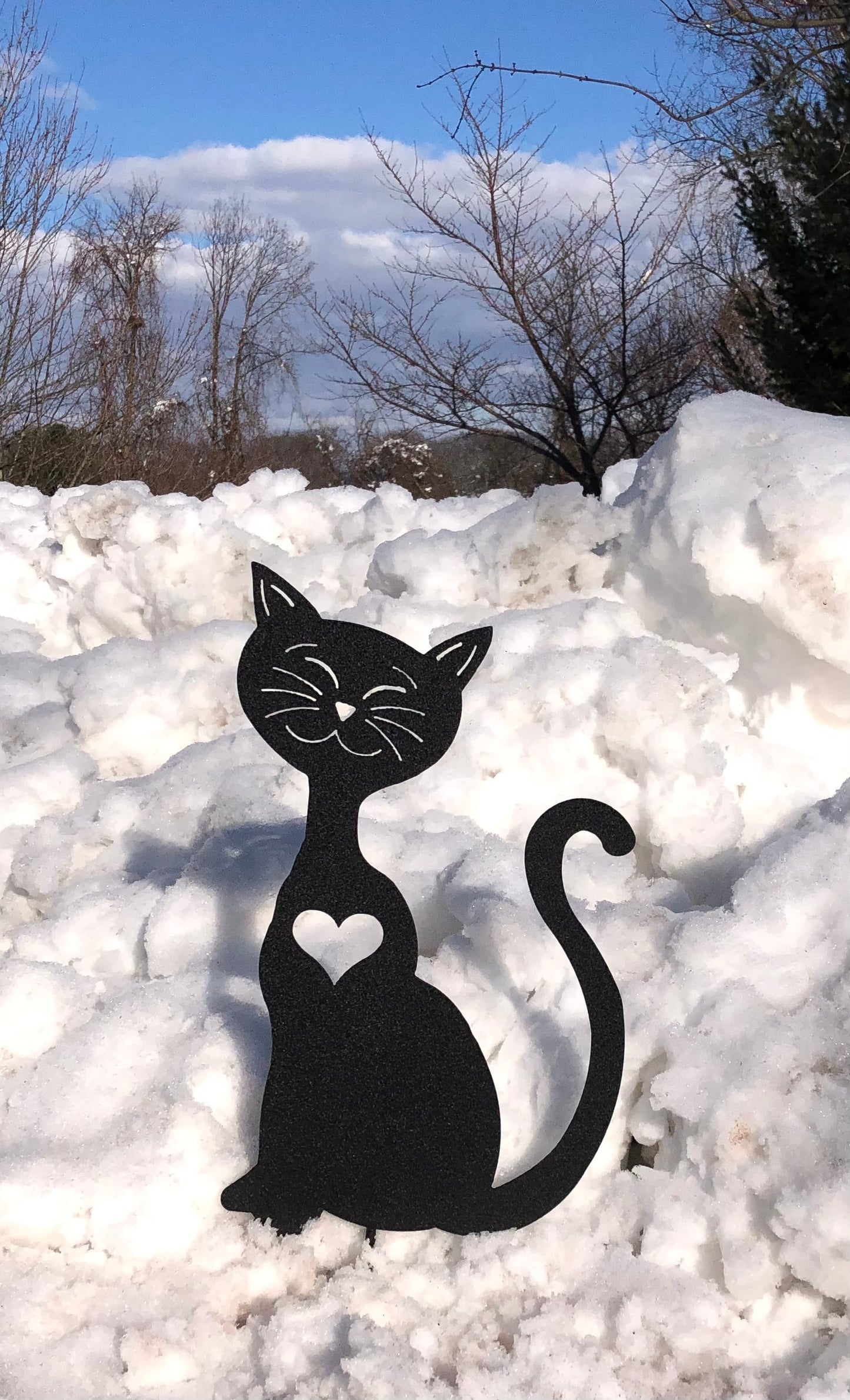 Cat garden art silhouettes, pair of black metal cats with heart cutouts in snow on Tampa Home & Garden Store