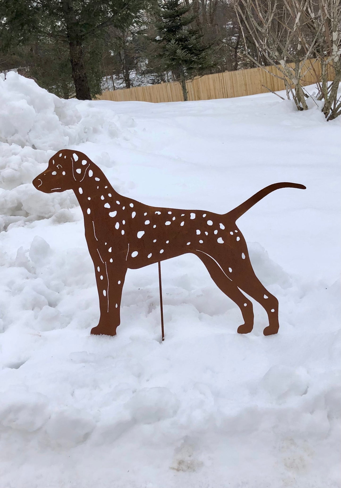 Dalmatian garden stake rust metal with white spots Rustica Ornamentals on Tampa Home & Garden Store