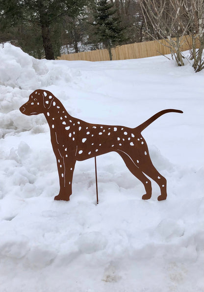 Dalmatian garden stake rust metal with white spots Rustica Ornamentals on Tampa Home & Garden Store