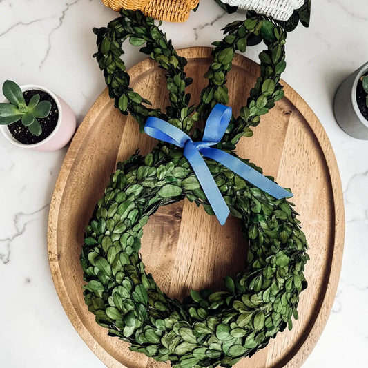 Bunny Wreath Boxwood Gia Roma with blue ribbon bow on Tampa Home & Garden Store