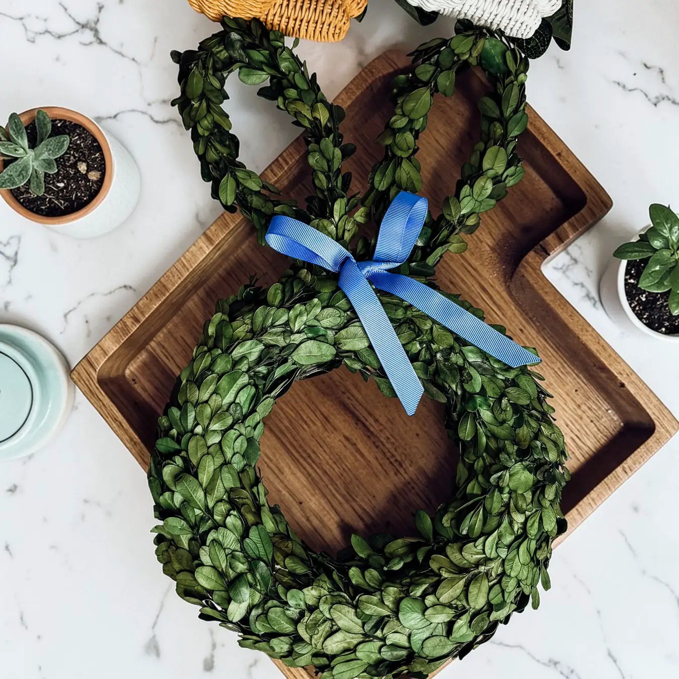 Bunny Wreath Boxwood with Blue Bow for Door Decor