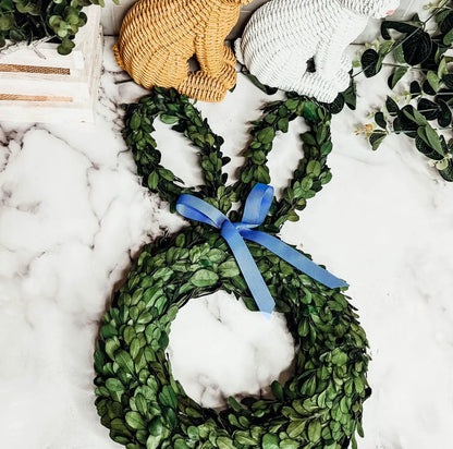 Bunny Wreath Boxwood with Blue Bow for Door Decor