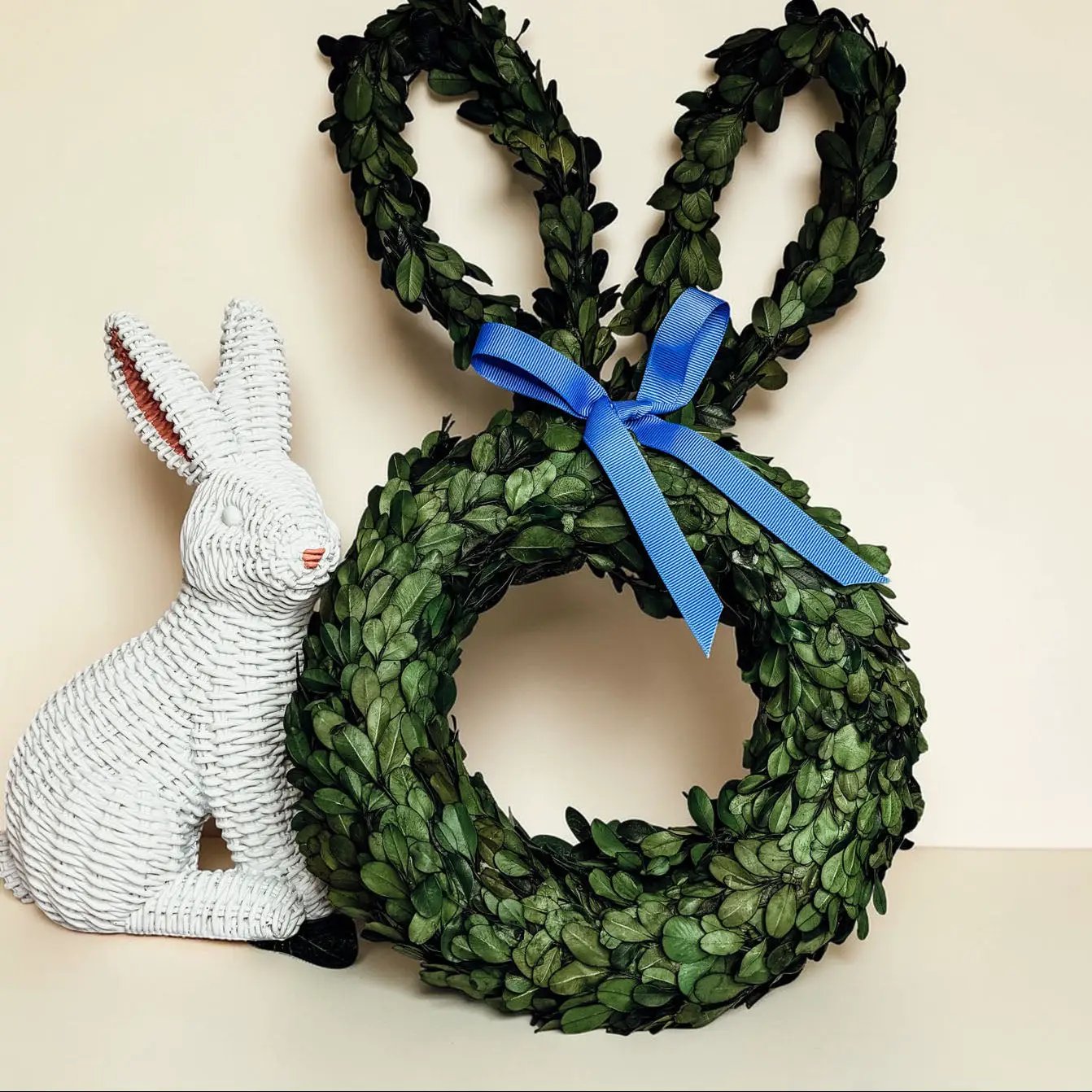 Bunny Wreath Boxwood with Blue Bow for Door Decor