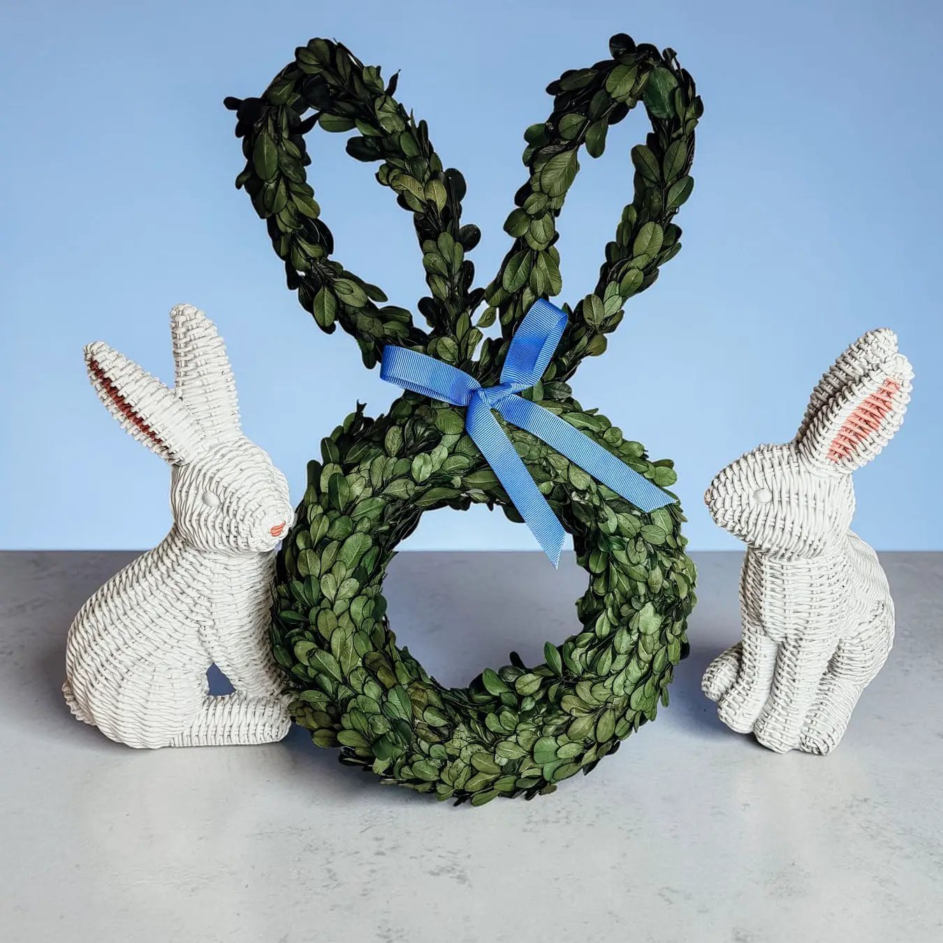Bunny Wreath Boxwood with Blue Bow for Door Decor