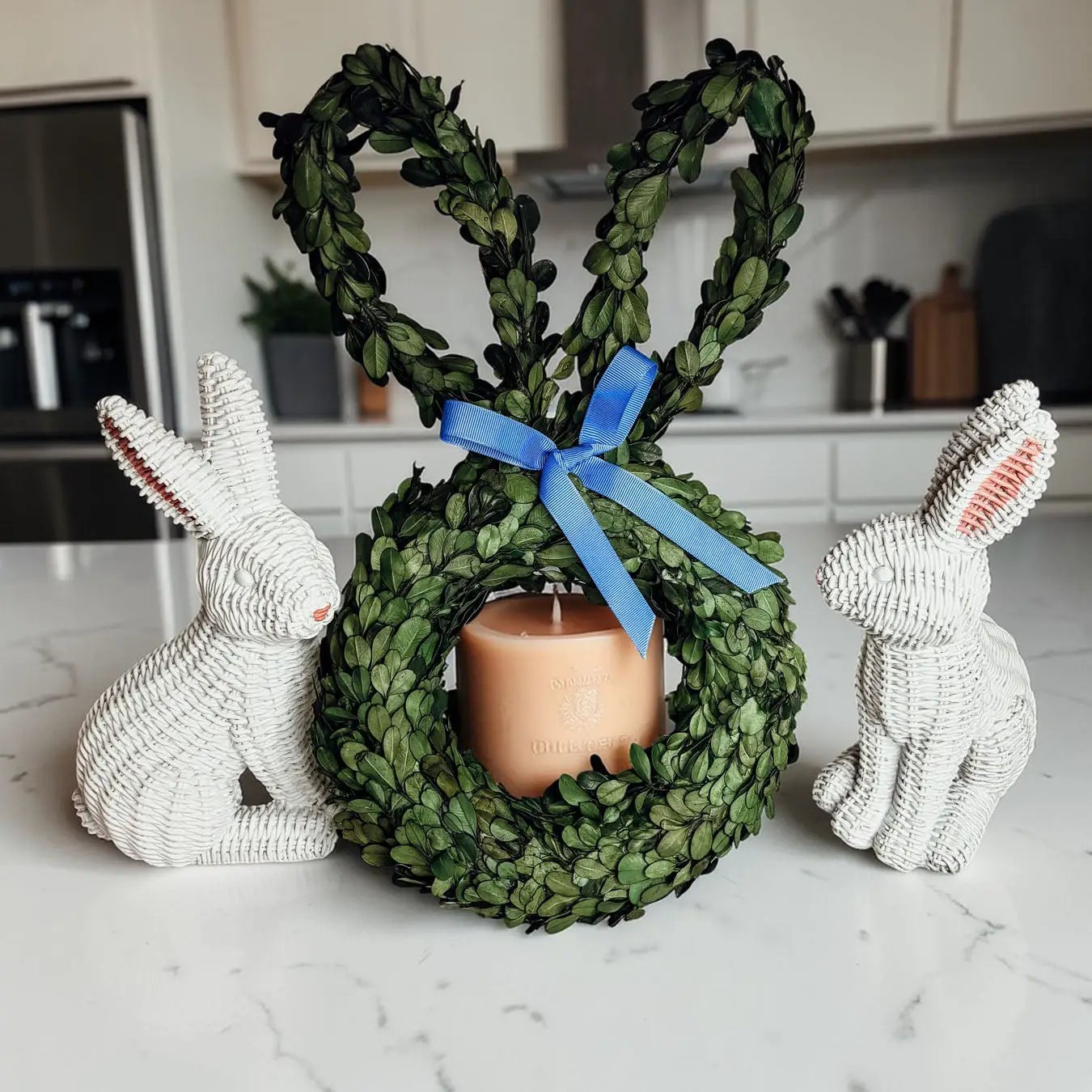 Bunny Wreath Boxwood with Blue Bow for Door Decor