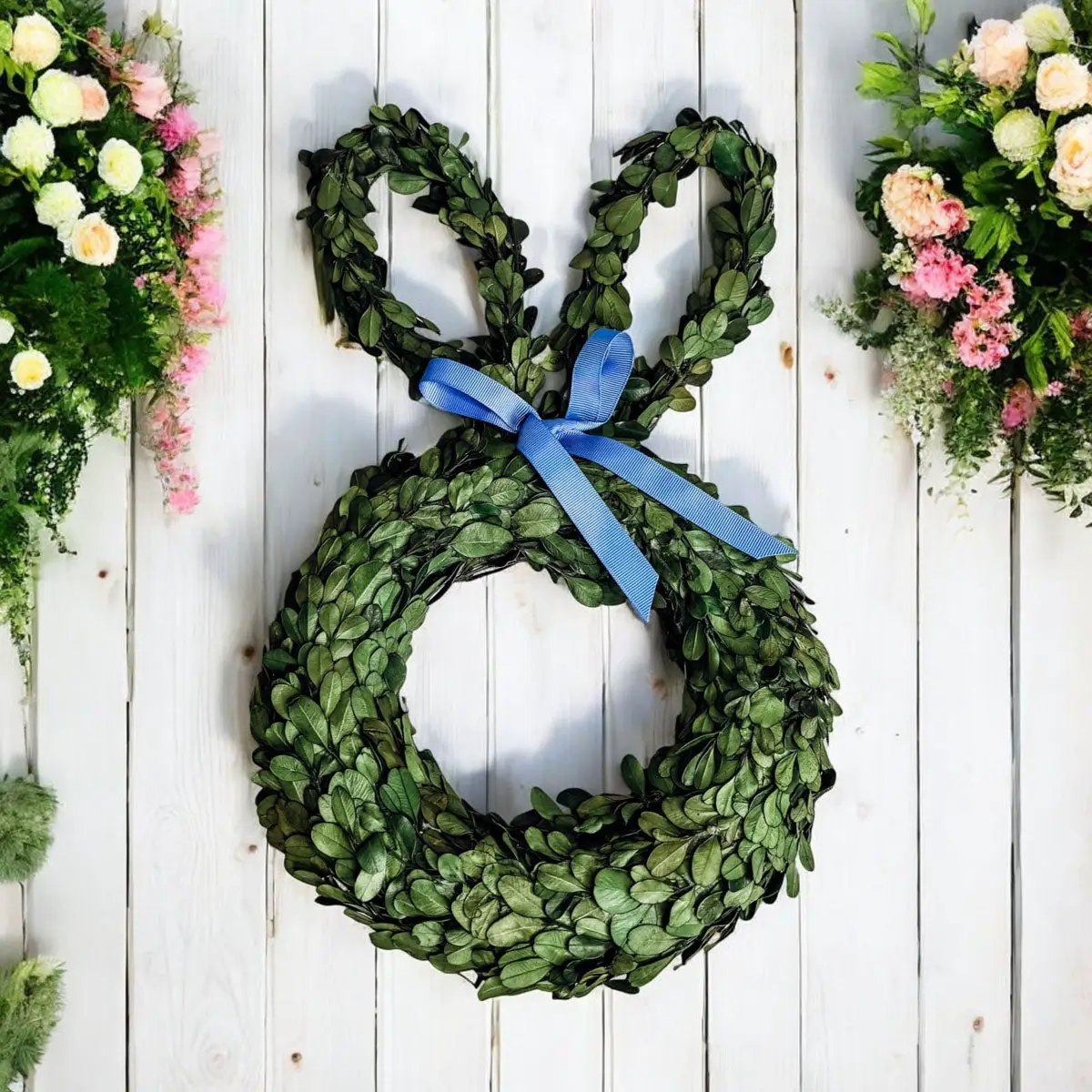 Bunny Wreath Boxwood with Blue Bow for Door Decor