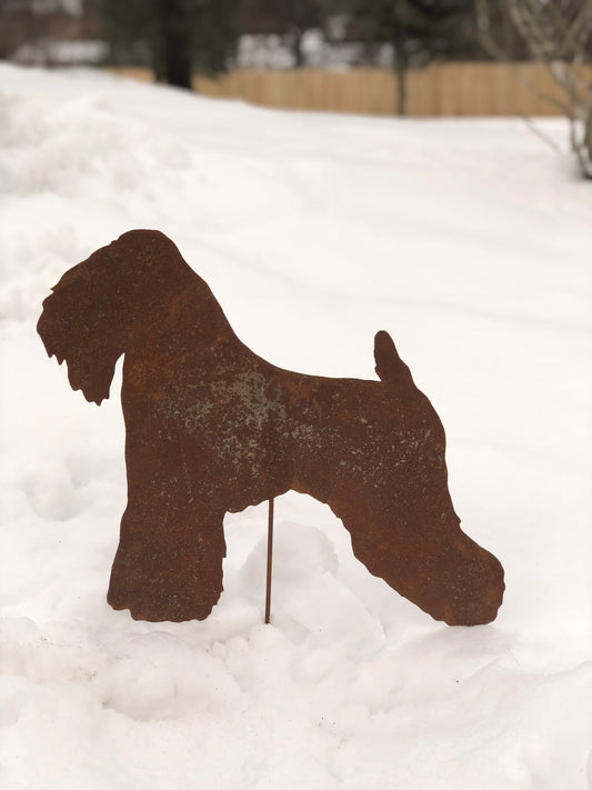 Soft Coated Wheaten Terrier garden stake silhouette in rusty metal by Rustica Ornamentals on Tampa Home & Garden Store