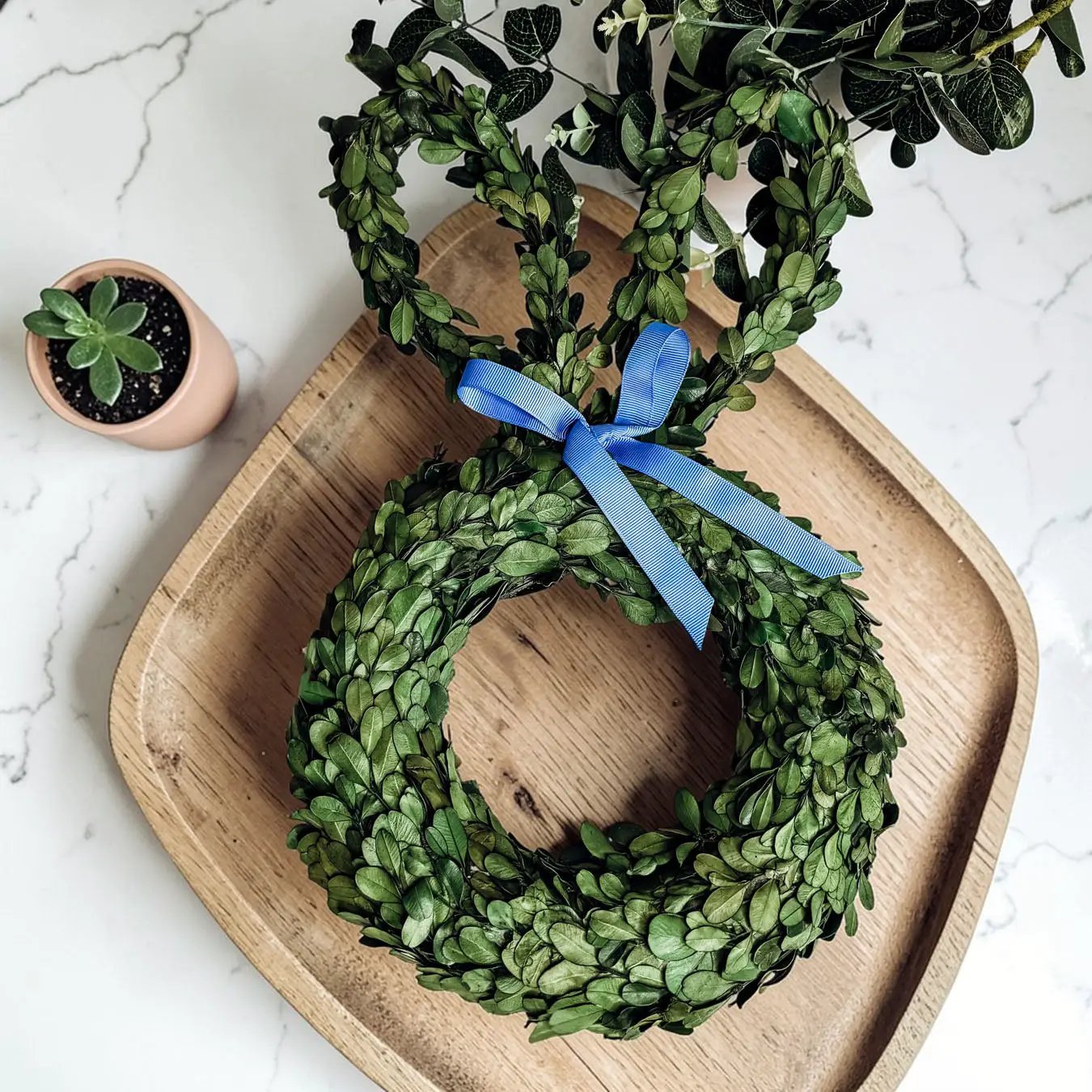 Bunny Wreath Boxwood with Blue Bow for Door Decor