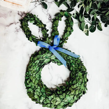 Bunny Wreath Boxwood with Blue Bow for Door Decor