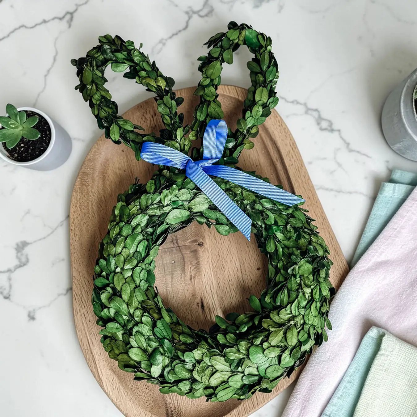 Bunny Wreath Boxwood with Blue Bow for Door Decor