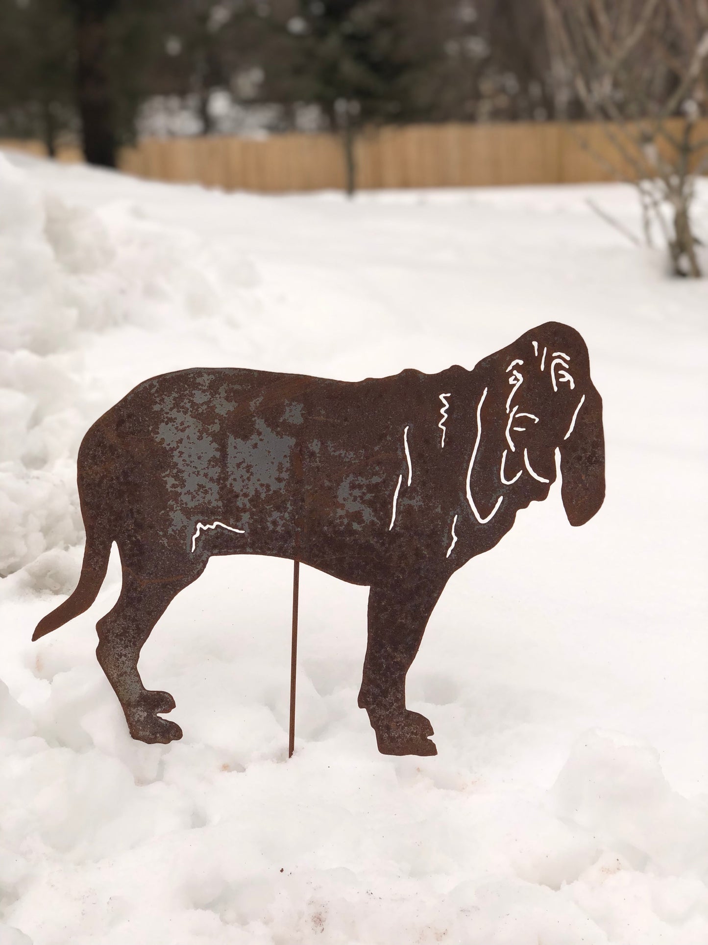Bloodhound garden stake or wall hanging metal silhouette in rust finish by Rustica Ornamentals on Tampa Home & Garden Store