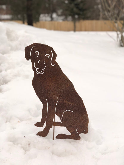 Rhodesian Ridgeback garden stake silhouette in rust metal with white line details on Tampa Home & Garden Store