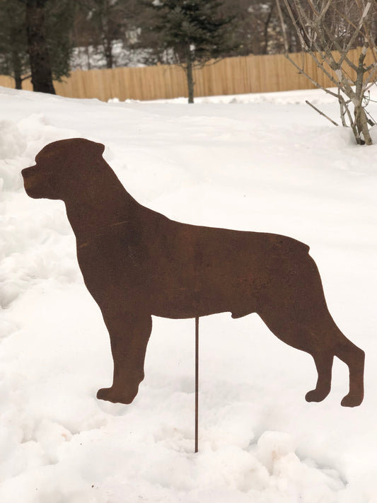 Rottweiler memorial silhouette rusty metal lawn ornament on stake by Rustica Ornamentals on Tampa Home & Garden Store