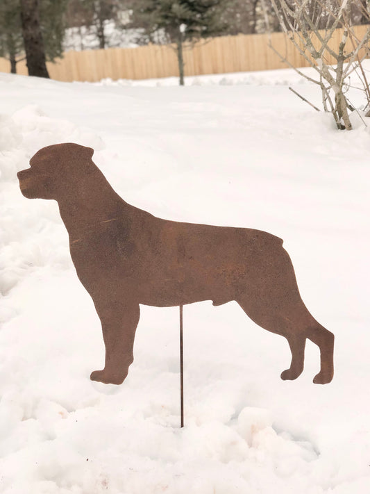 Rottweiler lawn ornament rust-colored metal silhouette on stake in snow Rustica Ornamentals on Tampa Home & Garden Store