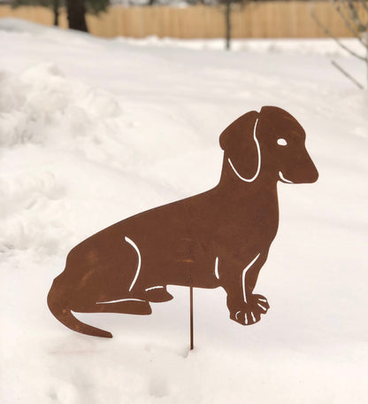Dachshund garden stake silhouette, rust brown metal, Rustica Ornamentals lawn ornament on Tampa Home & Garden Store
