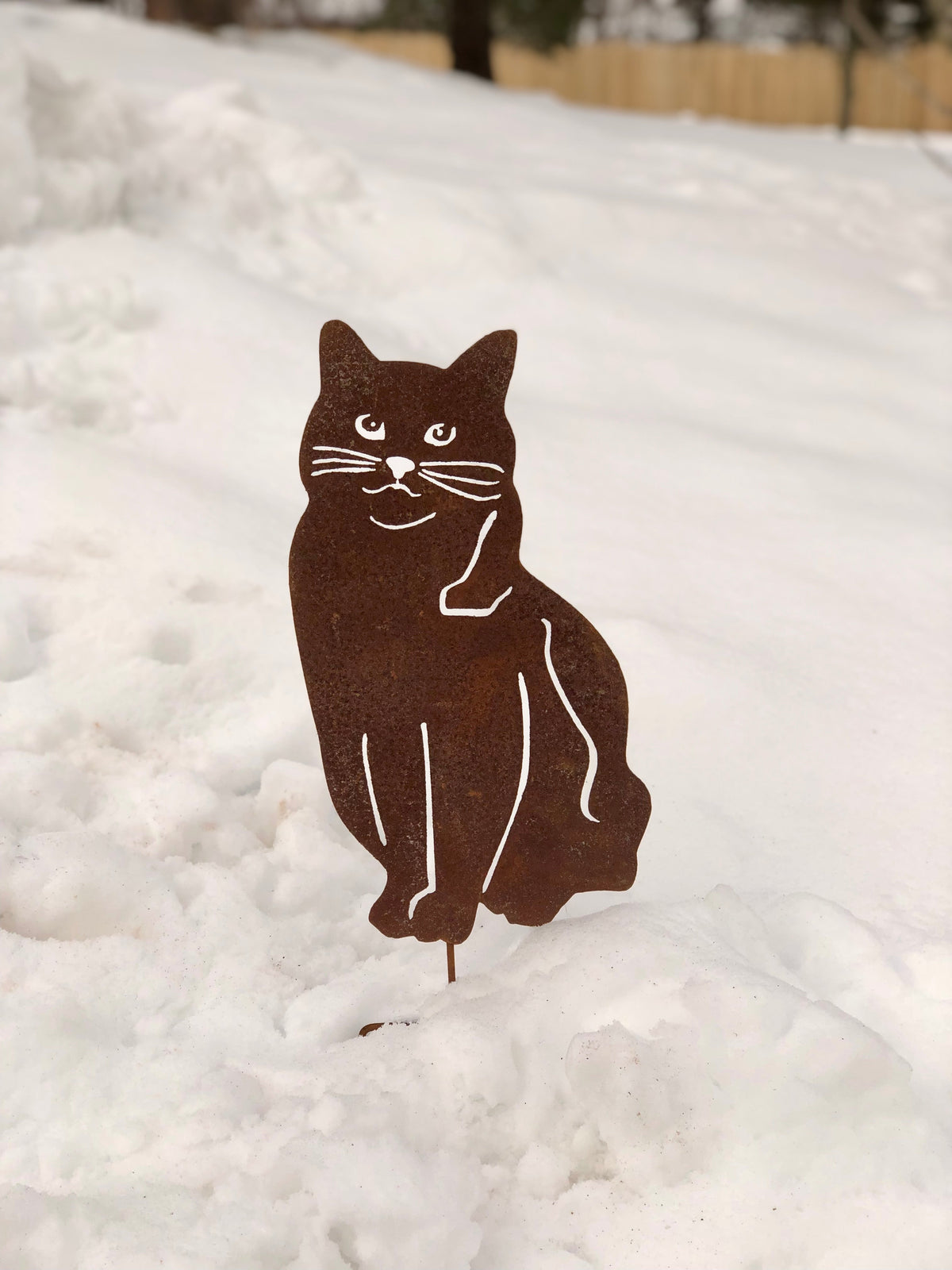 Cat yard art metal stake in brown with white whisker detail by Rustica Ornamentals on Tampa Home & Garden Store