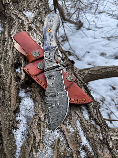 8'' Compact Tracker TD-085 camping knife with Damascus blade and blue marbled handle by Titan on Tampa Home & Garden Store