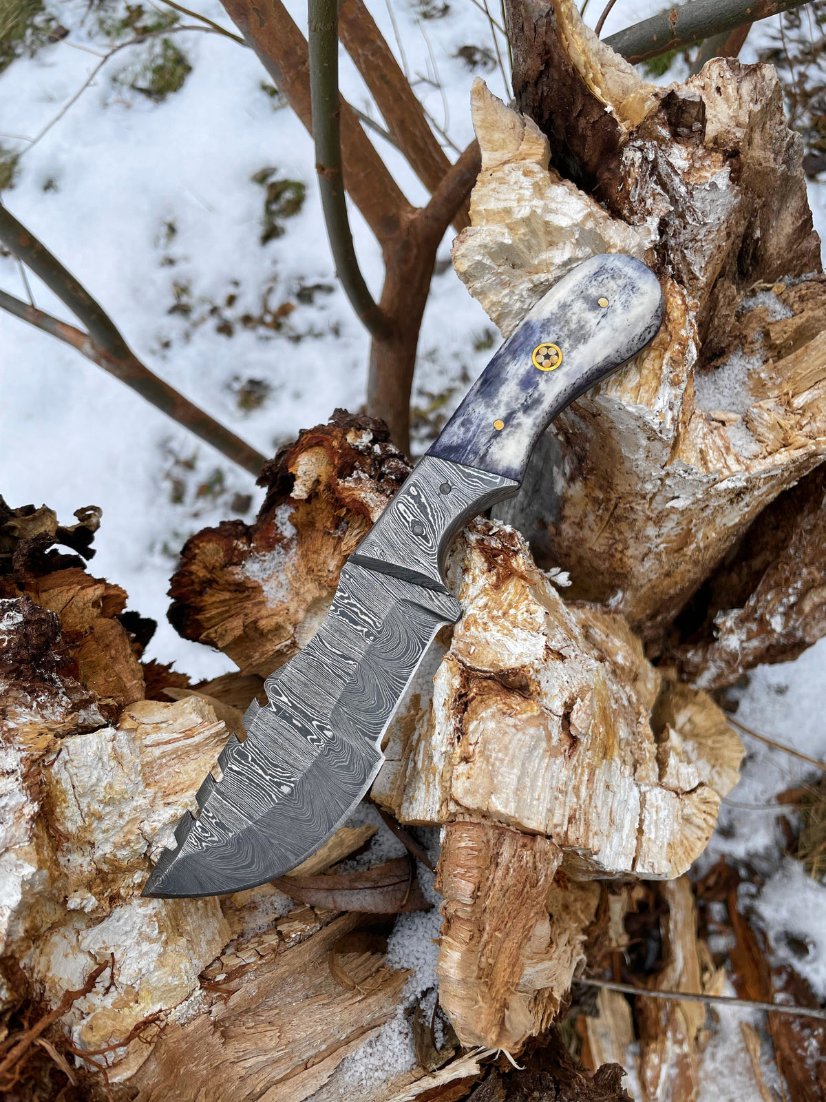 TD-085 8'' Compact Tracker camping knife by Titan Intl K with damascus blade and bluegray handle on Tampa Home & Garden Store