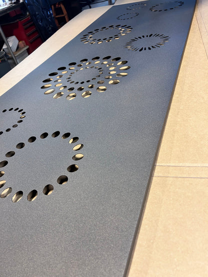 Metal screen panel Rustica Ornamentals, dark gray perforated privacy panel with circular cutouts on Tampa Home & Garden Store