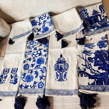 Chinoiserie Tea Towels Embroidered Cotton Set