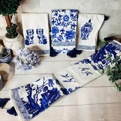 Chinoiserie Tea Towels Embroidered Cotton Set