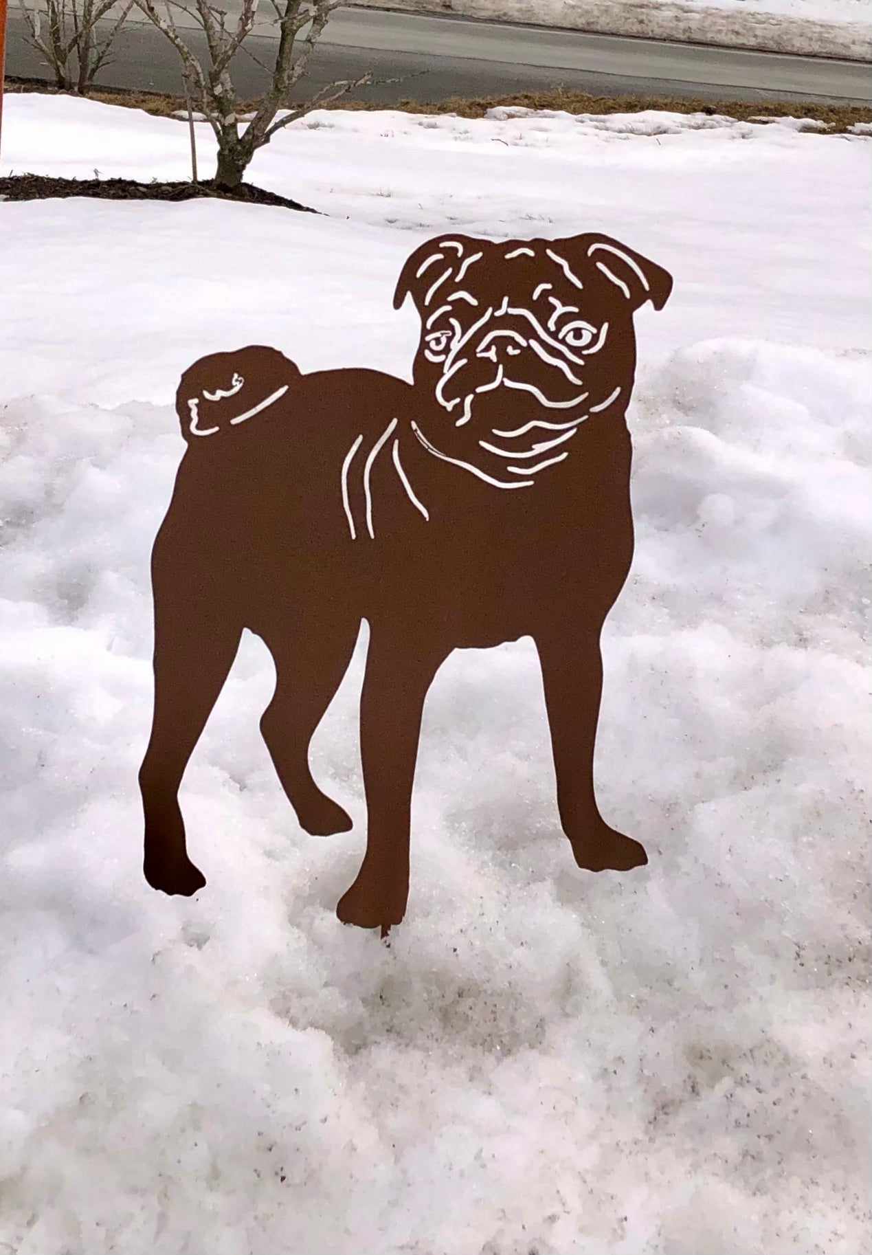 Pug garden stake or wall hanging brown metal silhouette with white etched lines lawn ornament on Tampa Home & Garden Store