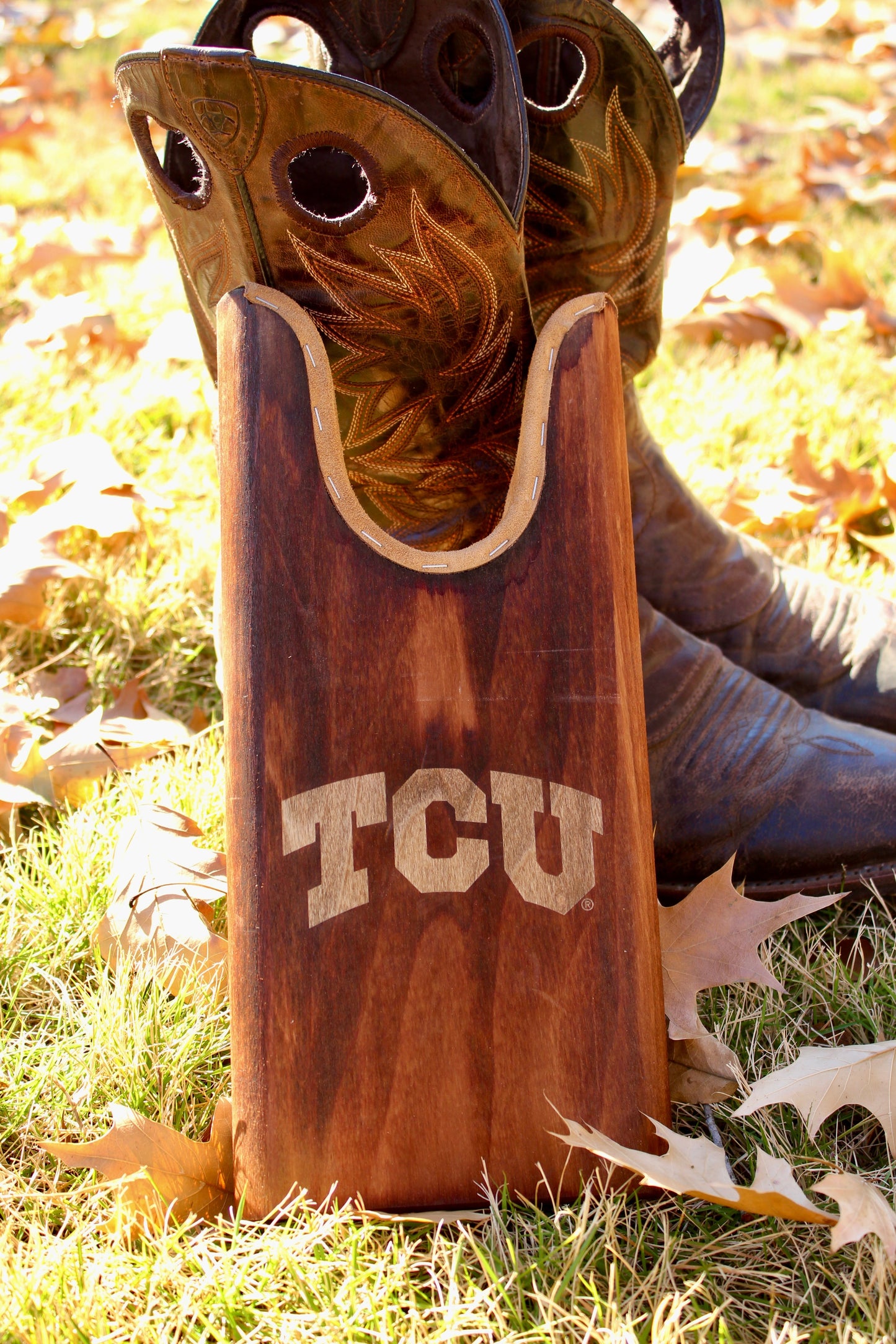 TCU boot jack wooden boot pull by Ryan's Woodworking with bold TCU lettering on Tampa Home & Garden Store