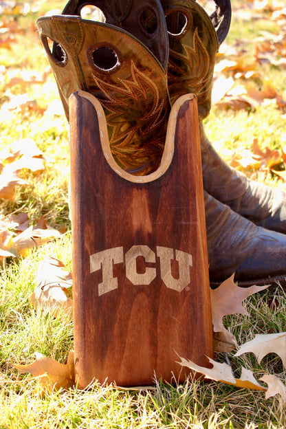 TCU boot jack wooden boot pull by Ryan's Woodworking with bold TCU lettering on Tampa Home & Garden Store