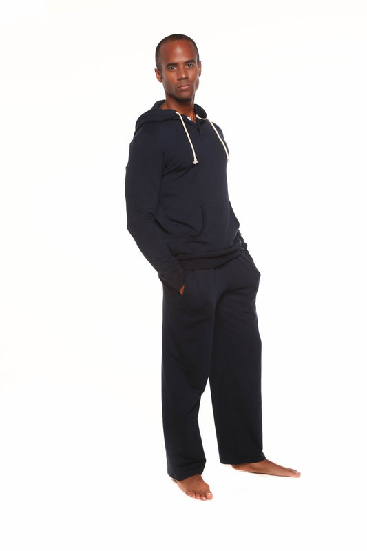 Men's Henley bamboo viscose hoodie and fleece lounge pants set in navy with drawstrings on Tampa Home & Garden Store