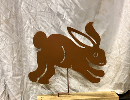 Rust-colored metal Easter Bunny outdoor decoration silhouette on stake by Rustica Ornamentals on Tampa Home & Garden Store