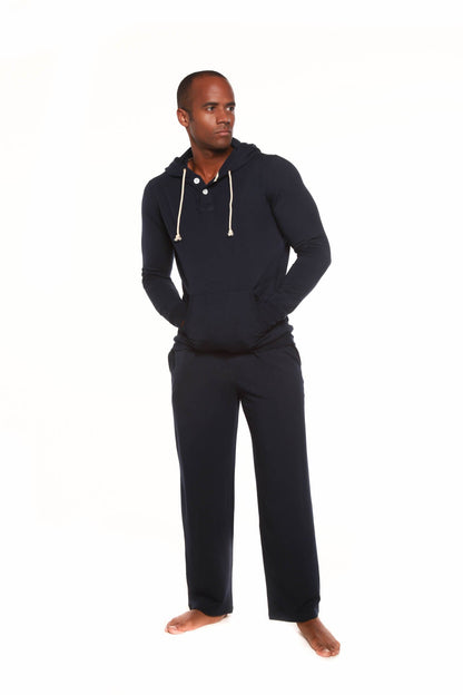 Men's Henley bamboo viscose fleece hoodie and fleece lounge pants, navy 2-piece set on Tampa Home & Garden Store
